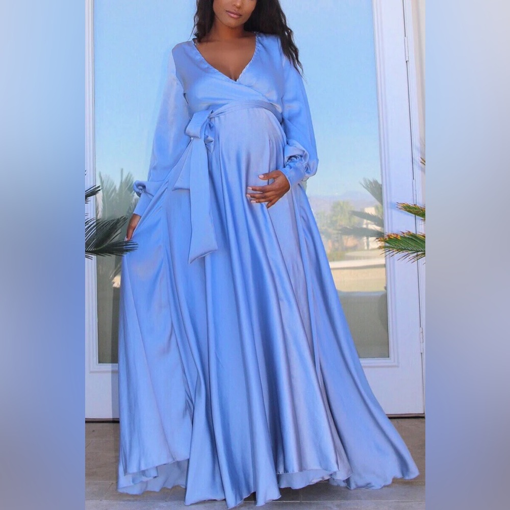 Chic Bump Club Iced Blue Maxi Long Sleeve Maternity Gown